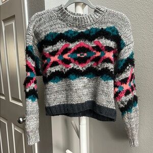 Free People Gray and Pink Cropped Crew Neck Sweater
